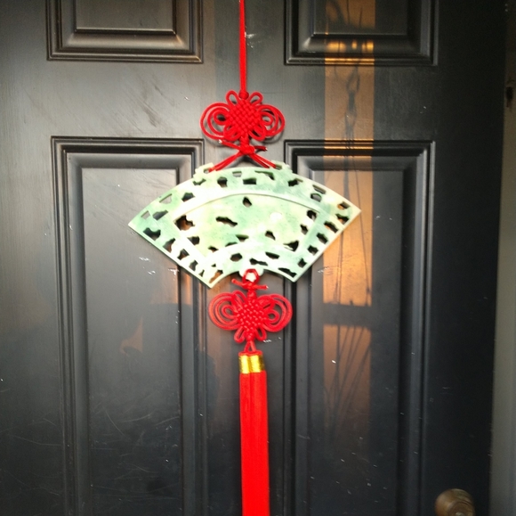 Chinese Carved Green Lacquer Firey Dragon Hanging Fan Red Lucky Knots & Tassels - Picture 11 of 14